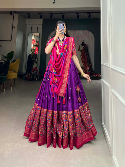 Entrancing Purple Tussar Silk Printed Foil Worked Lehenga Choli - INDIAN ELEGANCE