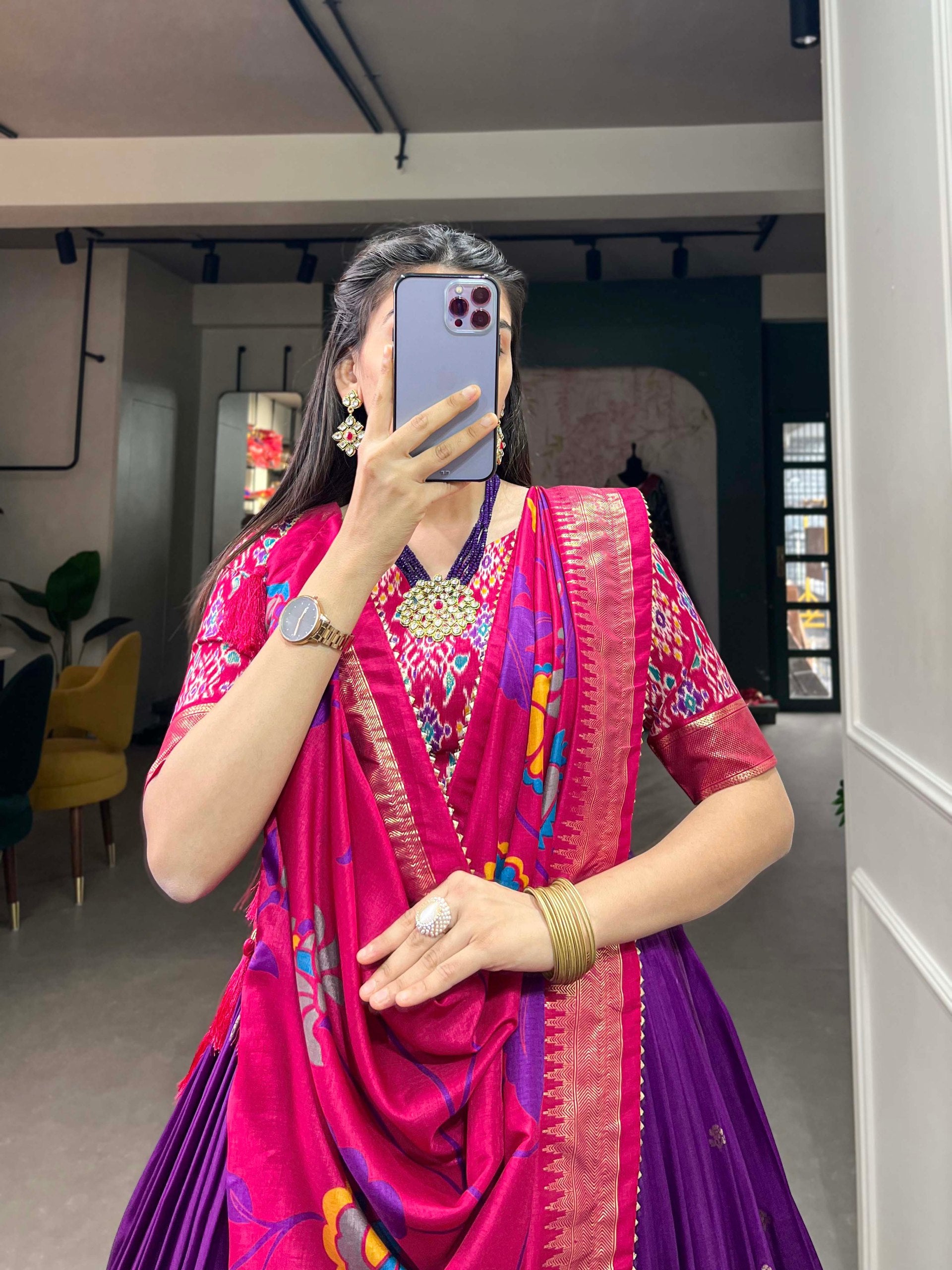 Entrancing Purple Tussar Silk Printed Foil Worked Lehenga Choli - INDIAN ELEGANCE