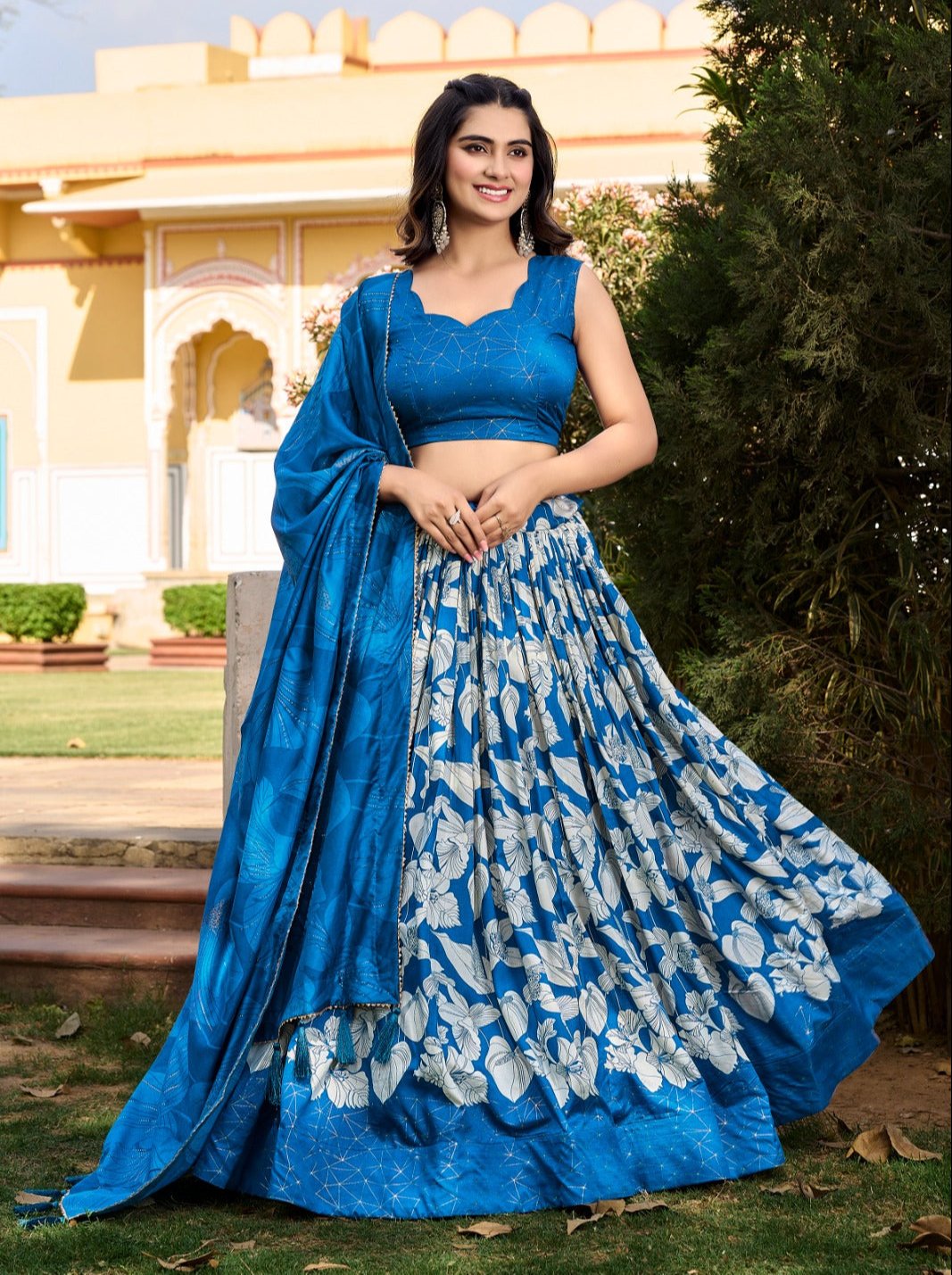 Comely Royal Blue Tussar Silk Floral Printed Lehenga Choli Set - INDIAN ELEGANCE