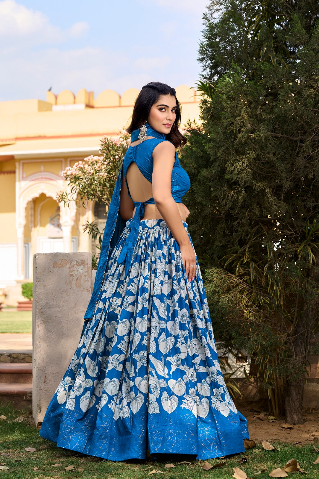 Comely Royal Blue Tussar Silk Floral Printed Lehenga Choli Set - INDIAN ELEGANCE