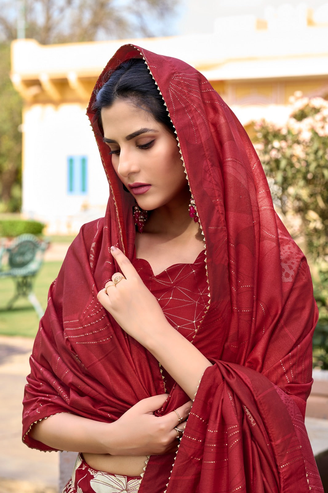Radiant Red Tussar Silk Floral Printed Lehenga Choli Set - INDIAN ELEGANCE