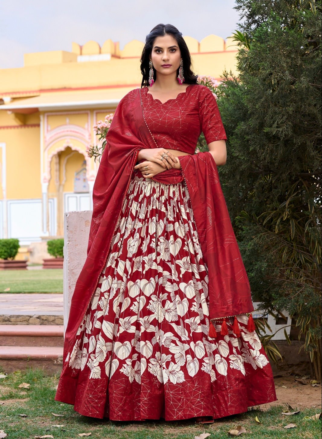 Radiant Red Tussar Silk Floral Printed Lehenga Choli Set - INDIAN ELEGANCE