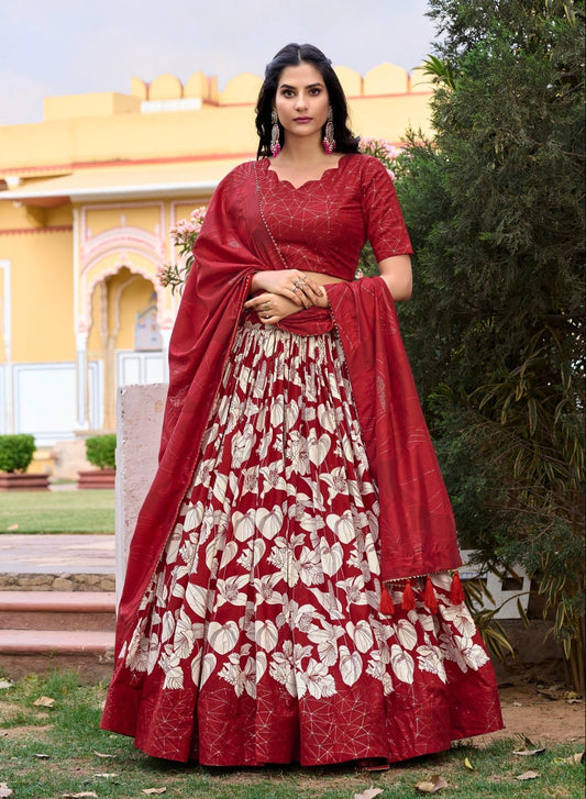 Radiant Red Tussar Silk Floral Printed Lehenga Choli Set - INDIAN ELEGANCE