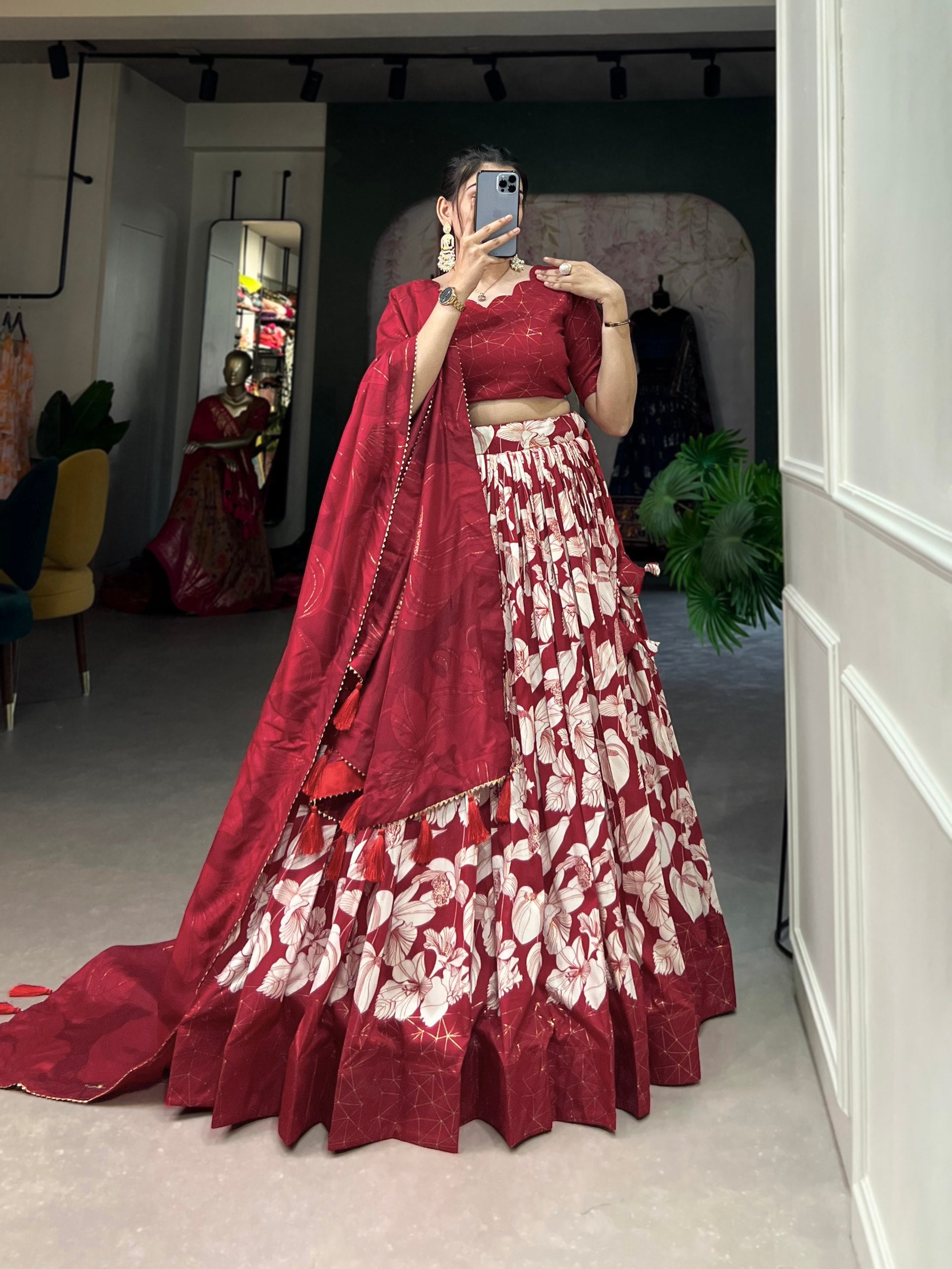 Radiant Red Tussar Silk Floral Printed Lehenga Choli Set - INDIAN ELEGANCE