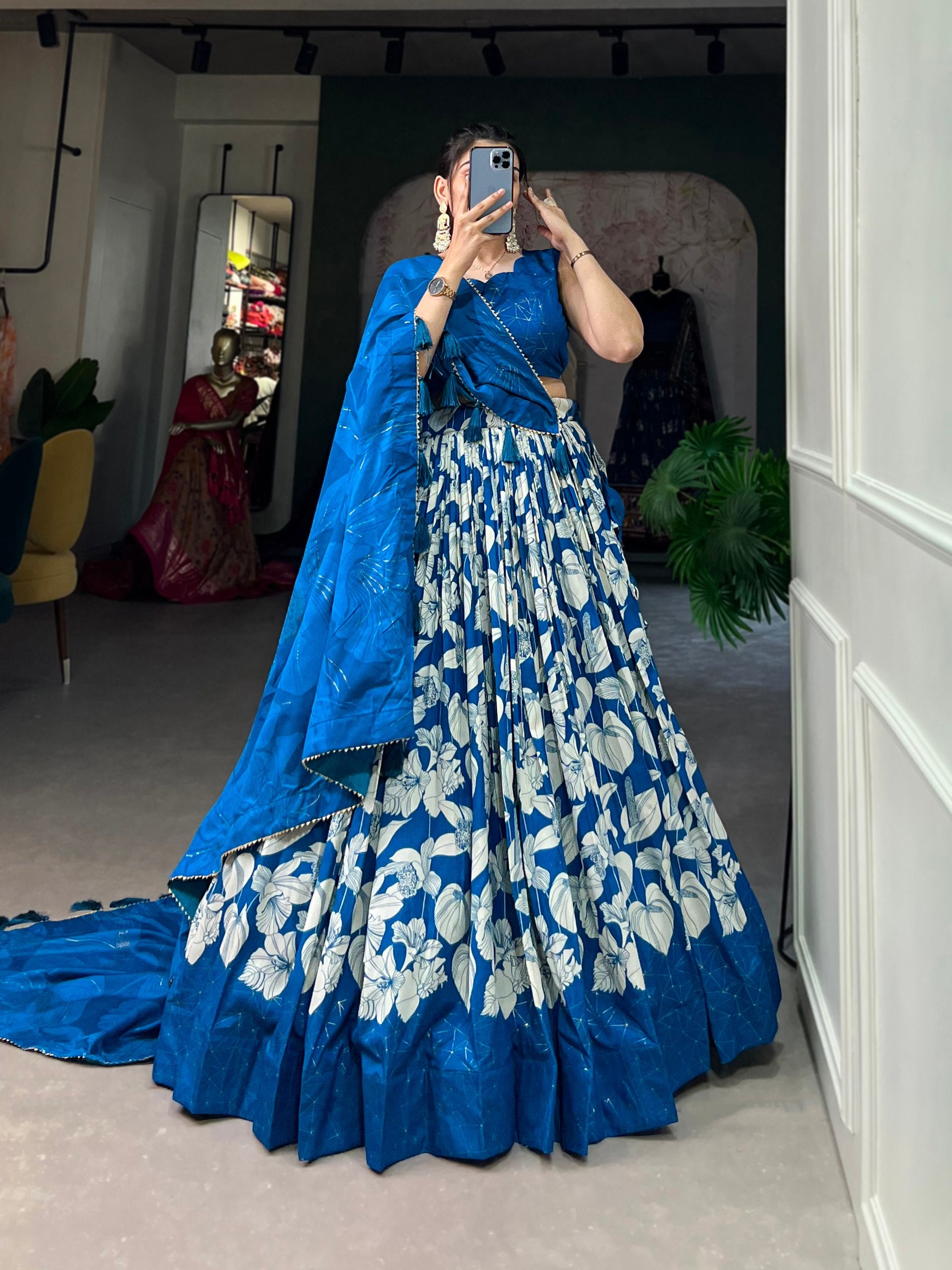Comely Royal Blue Tussar Silk Floral Printed Lehenga Choli Set - INDIAN ELEGANCE