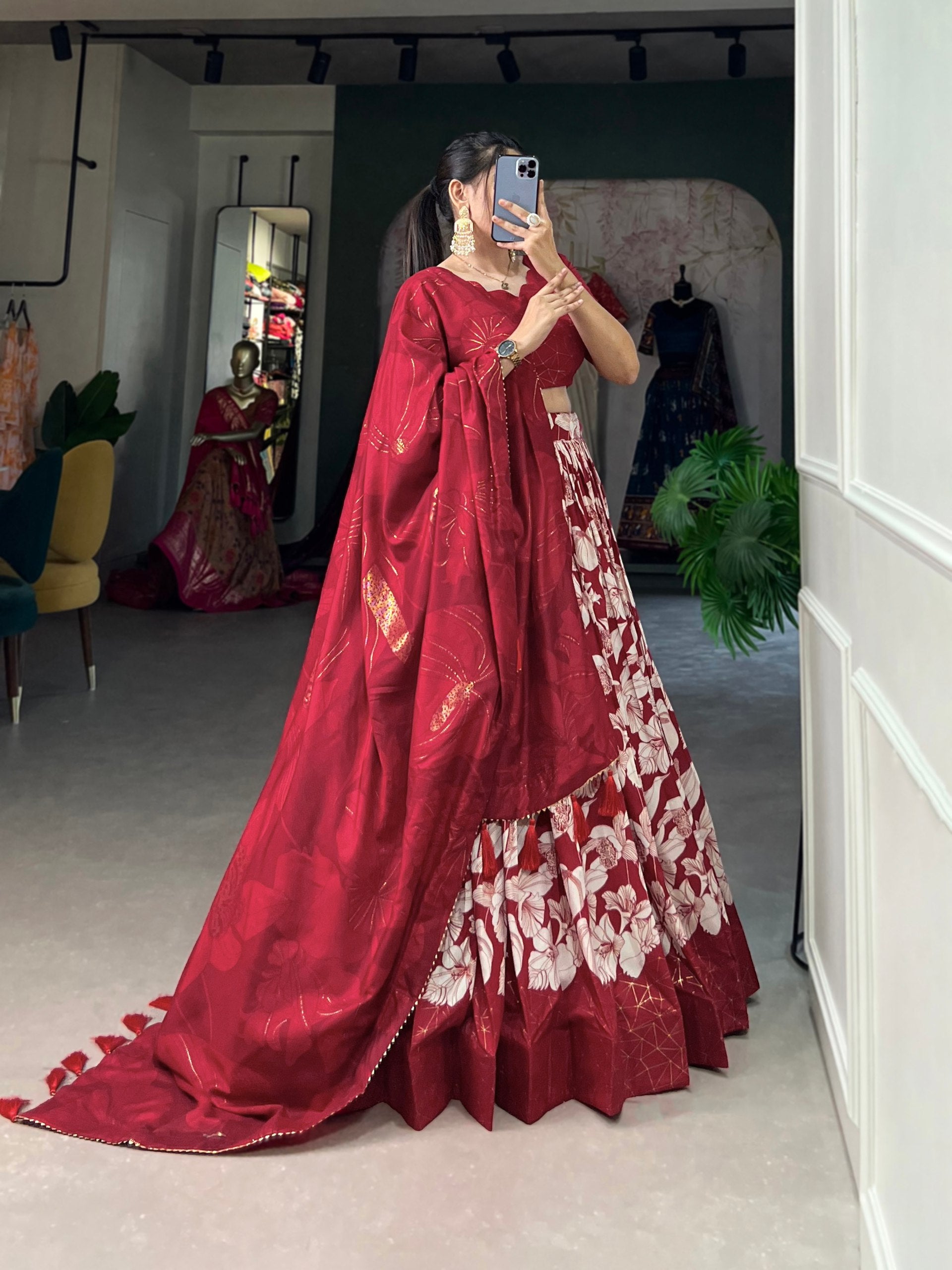 Radiant Red Tussar Silk Floral Printed Lehenga Choli Set - INDIAN ELEGANCE