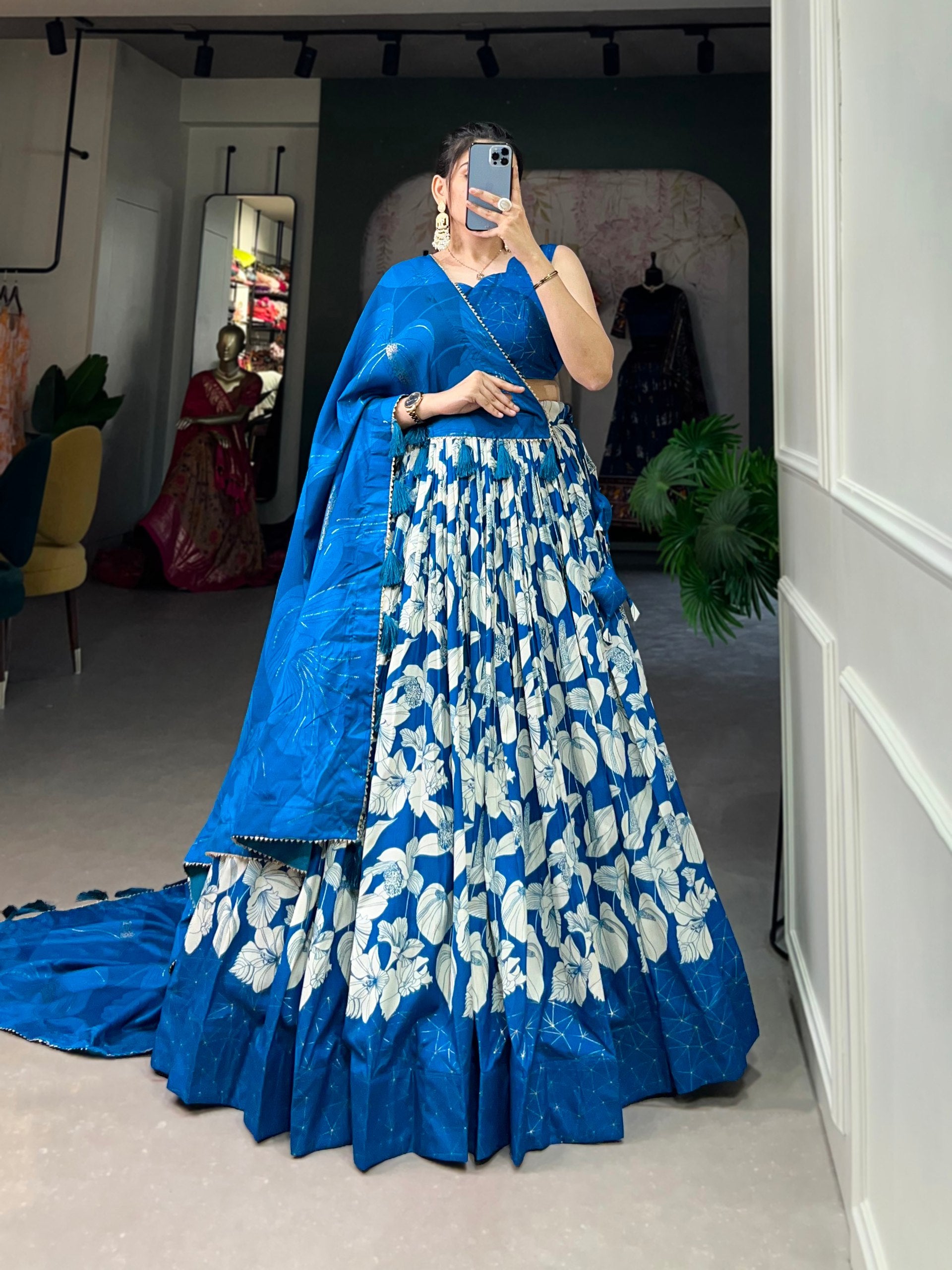 Comely Royal Blue Tussar Silk Floral Printed Lehenga Choli Set - INDIAN ELEGANCE