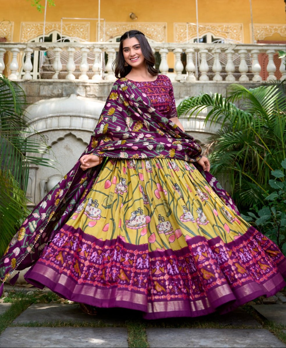Amazing Tussar Silk Patola Printed Lehenga Choli Set - INDIAN ELEGANCE
