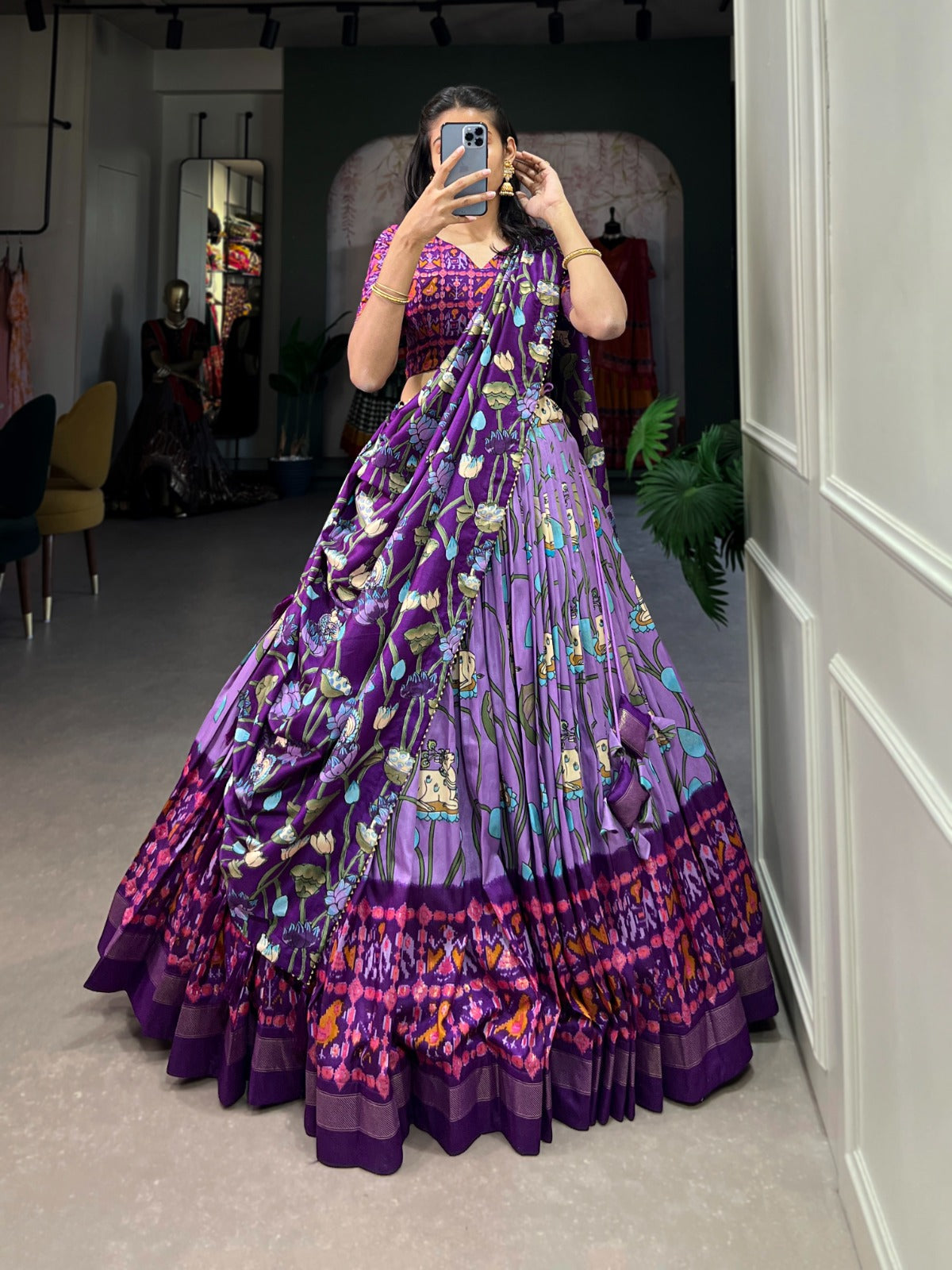 Amazing Tussar Silk Patola Printed Lehenga Choli Set - INDIAN ELEGANCE