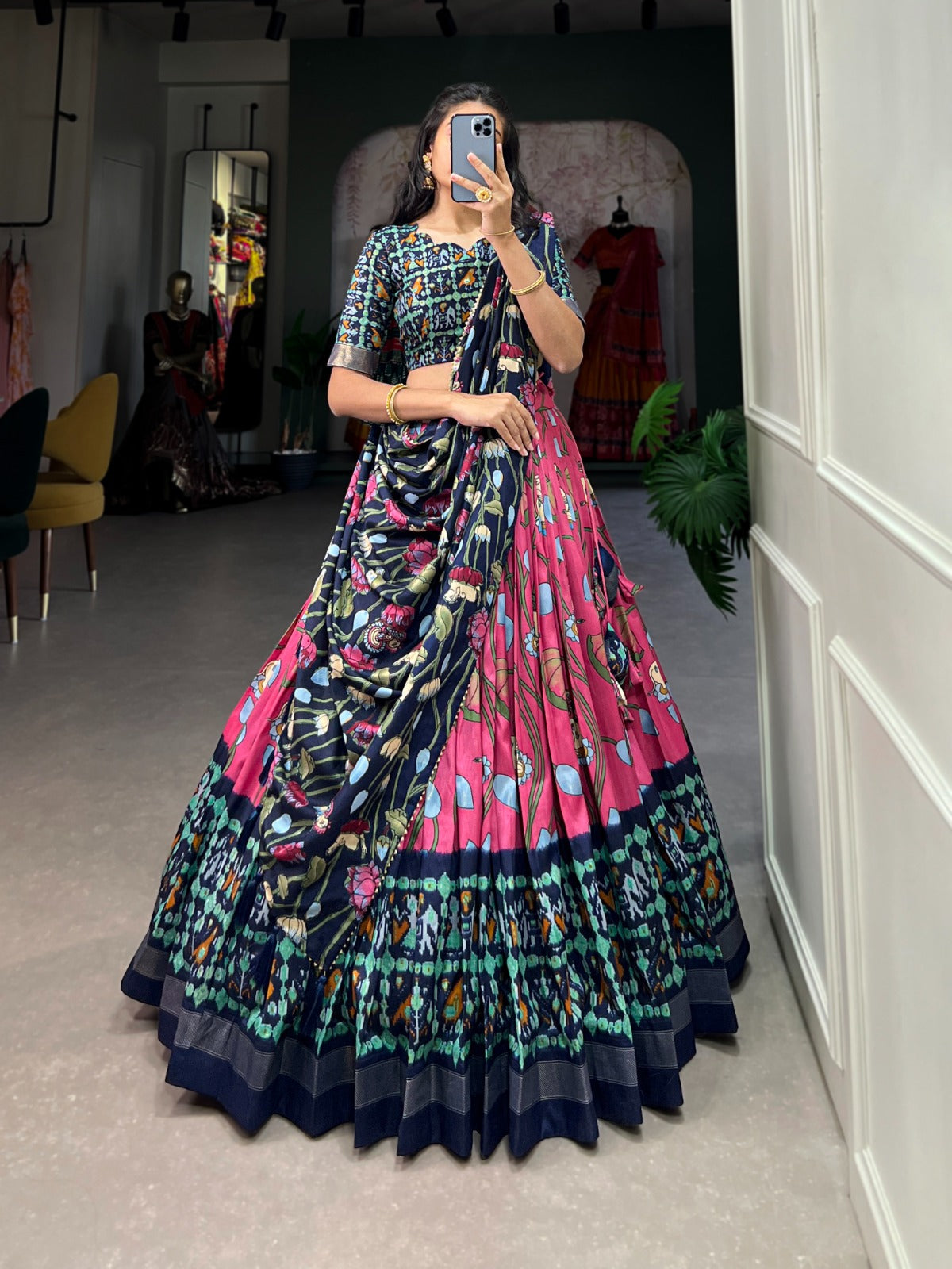 Amazing Tussar Silk Patola Printed Lehenga Choli Set - INDIAN ELEGANCE