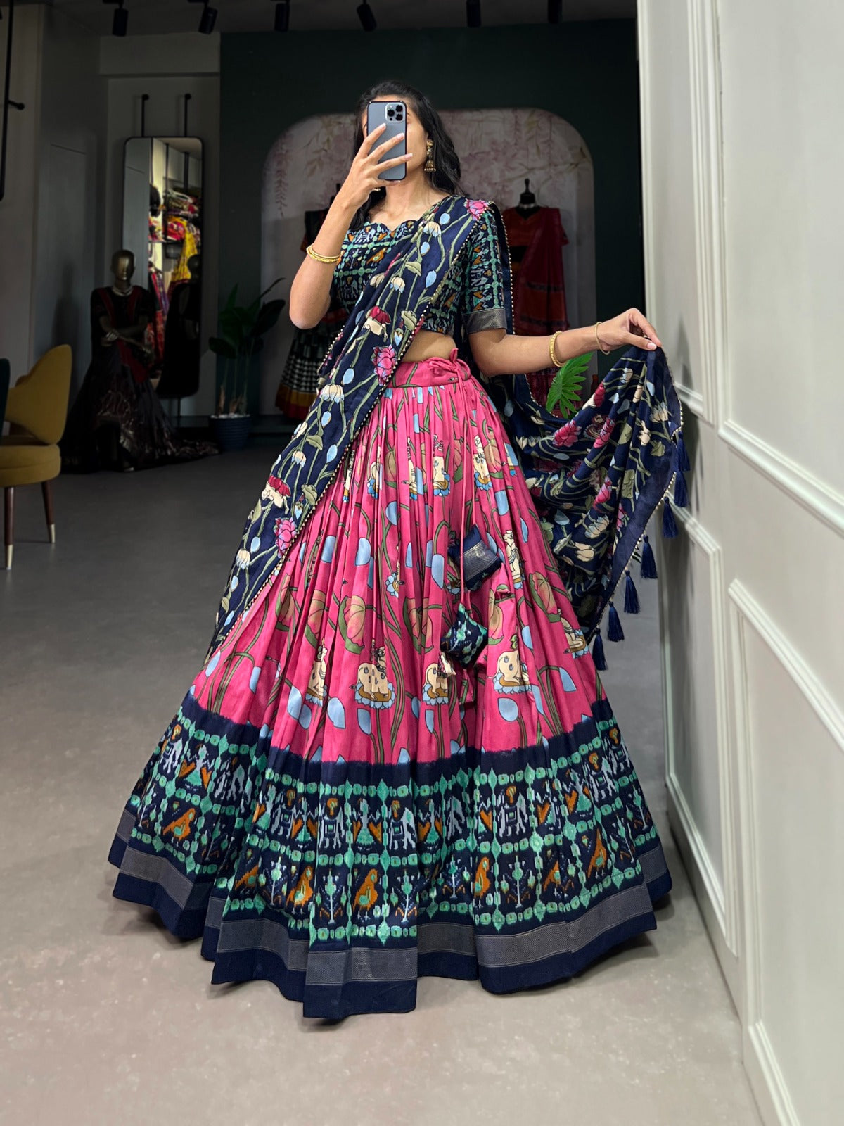 Amazing Tussar Silk Patola Printed Lehenga Choli Set - INDIAN ELEGANCE