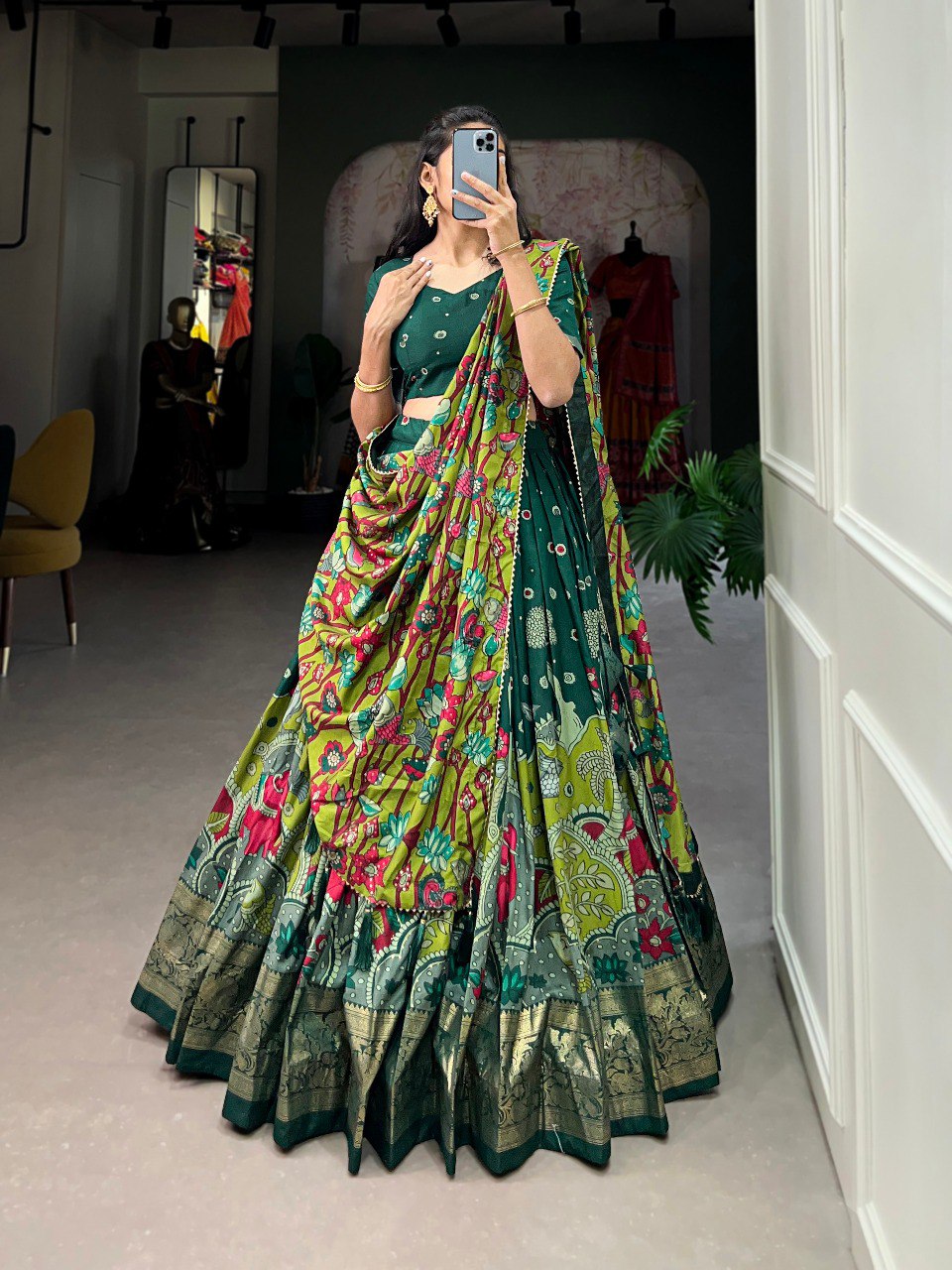 Stunning Tussar Silk Kalamkari Printed Foil Worked Lehenga Choli - INDIAN ELEGANCE