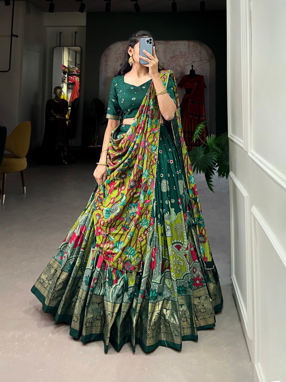Stunning Tussar Silk Kalamkari Printed Foil Worked Lehenga Choli - INDIAN ELEGANCE