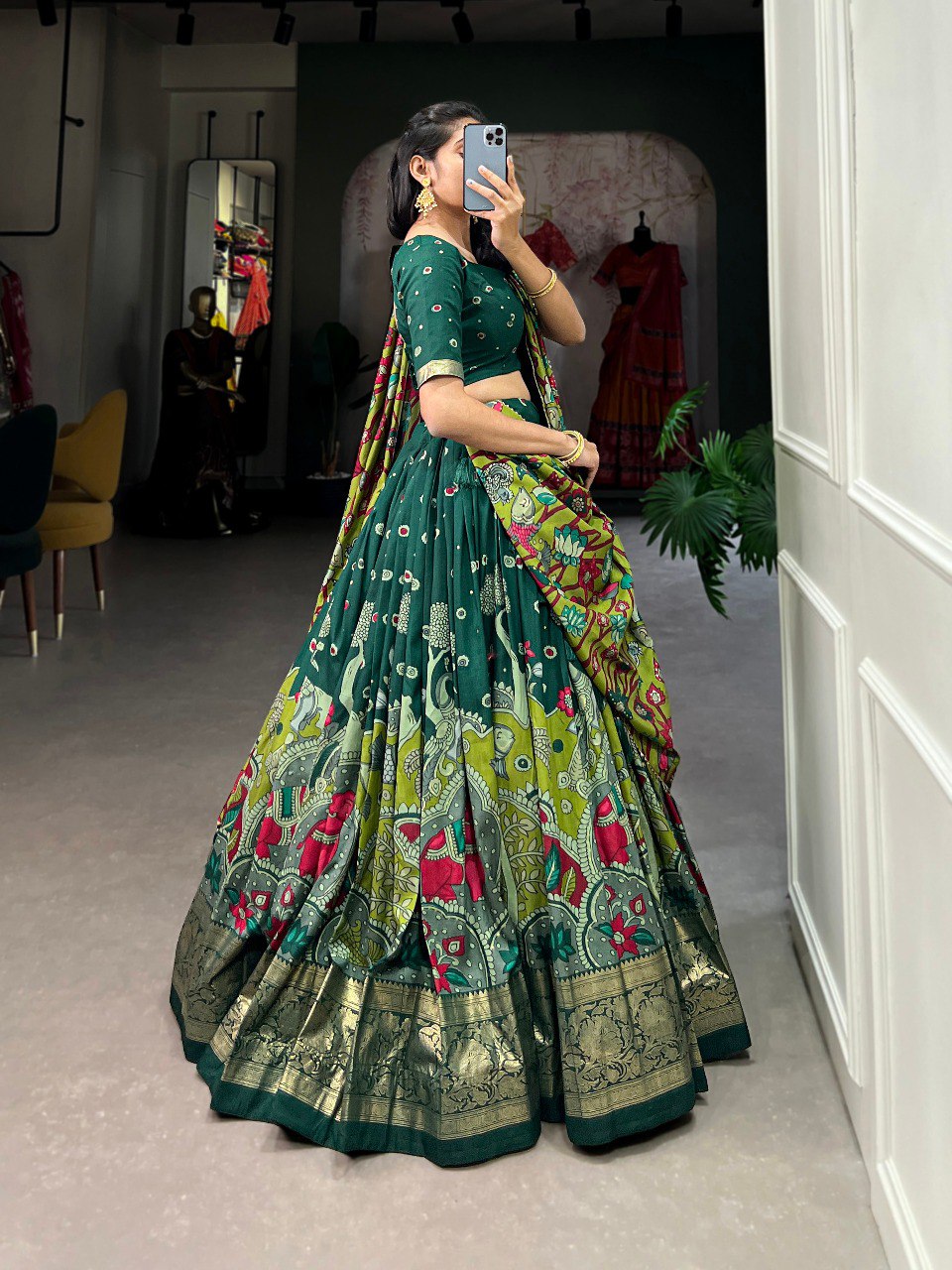 Stunning Tussar Silk Kalamkari Printed Foil Worked Lehenga Choli - INDIAN ELEGANCE