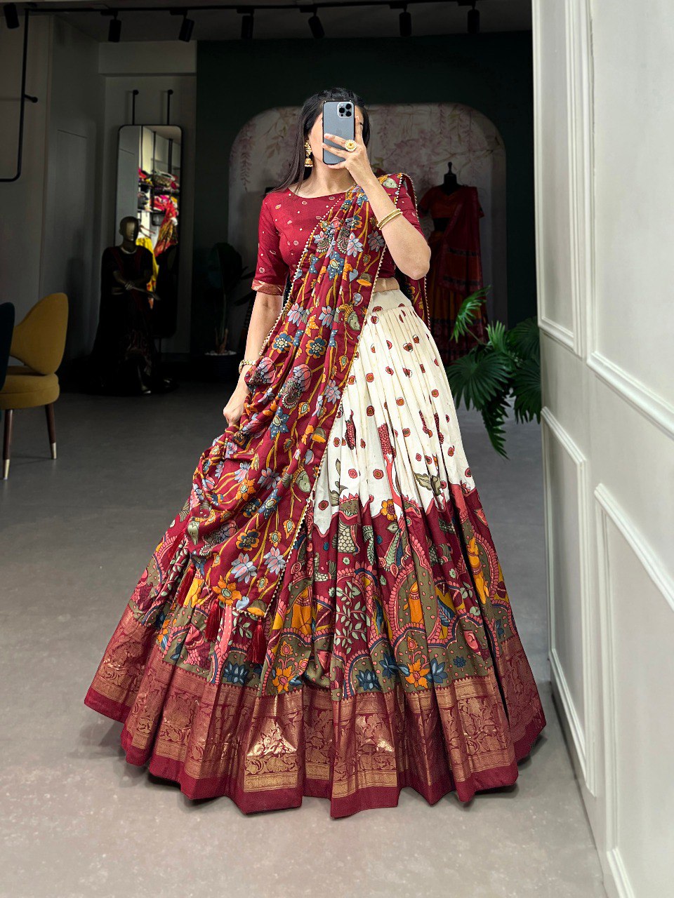Stunning Tussar Silk Kalamkari Printed Foil Worked Lehenga Choli - INDIAN ELEGANCE
