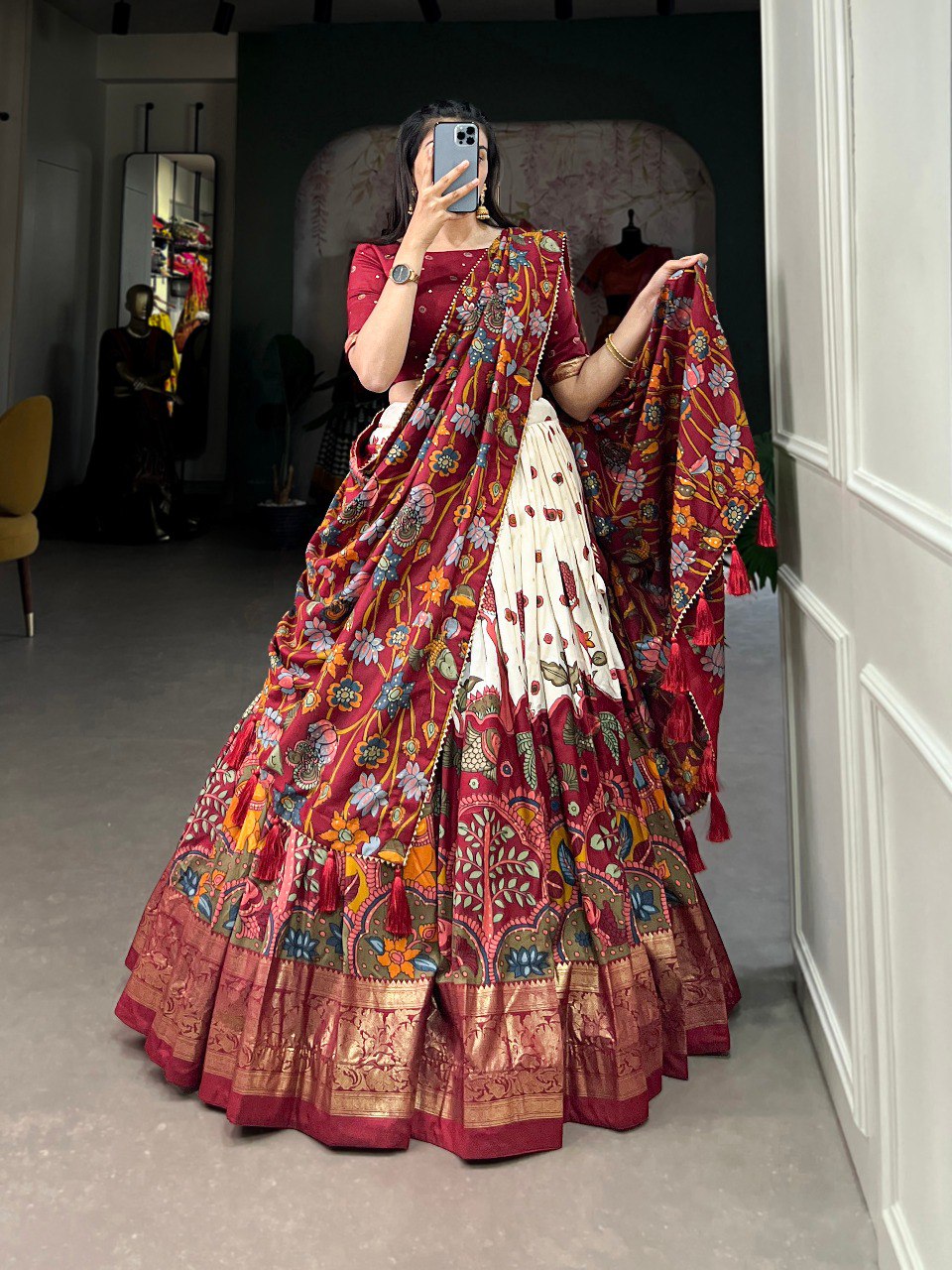 Stunning Tussar Silk Kalamkari Printed Foil Worked Lehenga Choli - INDIAN ELEGANCE