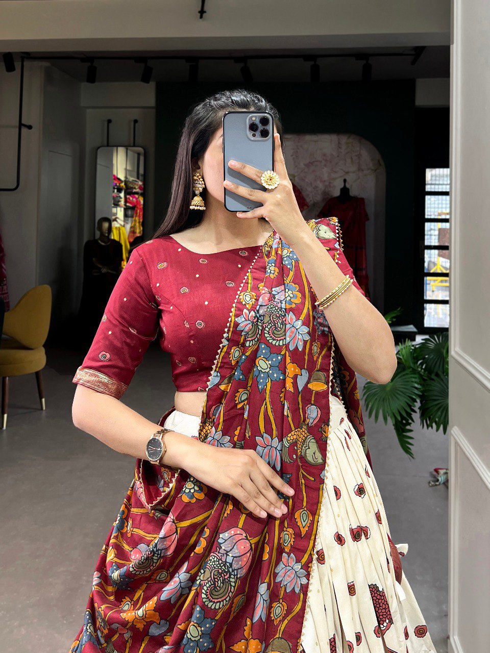 Stunning Tussar Silk Kalamkari Printed Foil Worked Lehenga Choli - INDIAN ELEGANCE