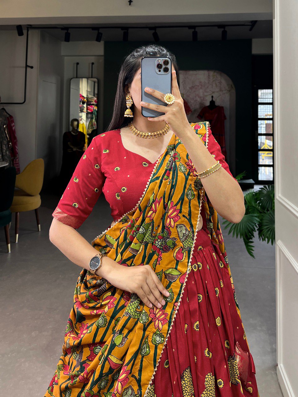 Stunning Tussar Silk Kalamkari Printed Foil Worked Lehenga Choli - INDIAN ELEGANCE