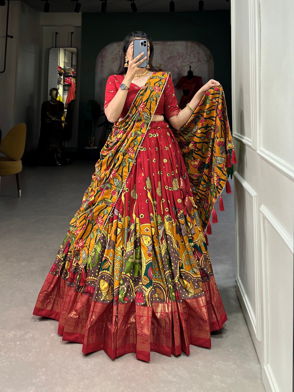 Stunning Tussar Silk Kalamkari Printed Foil Worked Lehenga Choli - INDIAN ELEGANCE