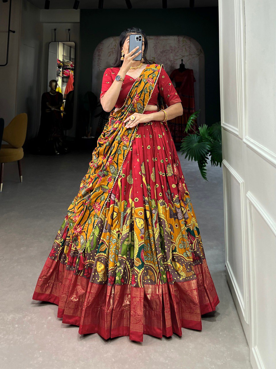 Stunning Tussar Silk Kalamkari Printed Foil Worked Lehenga Choli - INDIAN ELEGANCE