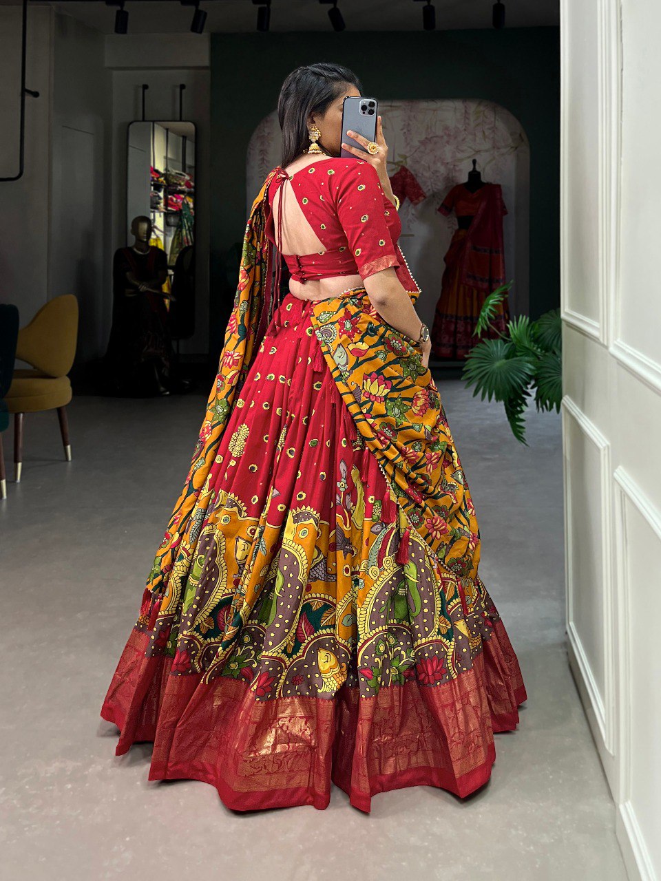 Stunning Tussar Silk Kalamkari Printed Foil Worked Lehenga Choli - INDIAN ELEGANCE