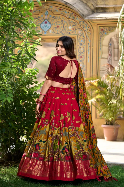 Stunning Tussar Silk Kalamkari Printed Foil Worked Lehenga Choli - INDIAN ELEGANCE