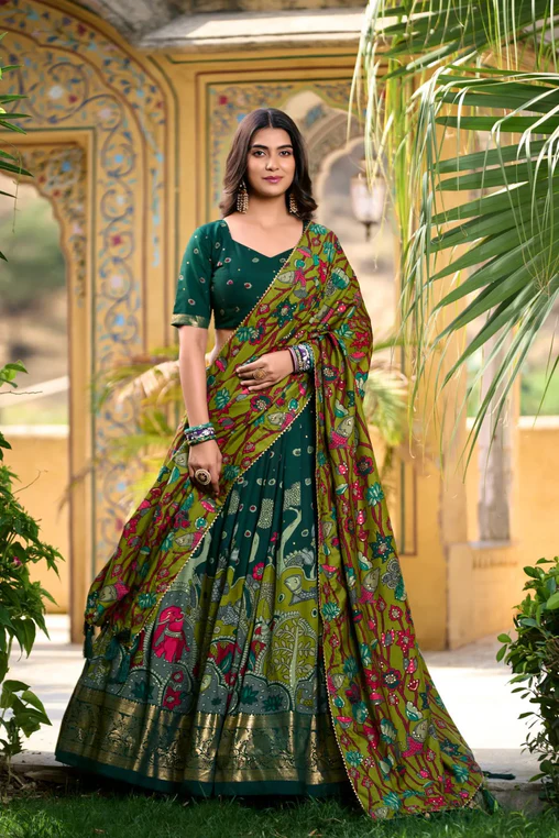 Stunning Tussar Silk Kalamkari Printed Foil Worked Lehenga Choli - INDIAN ELEGANCE