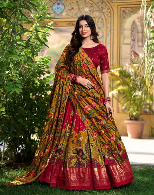 Stunning Tussar Silk Kalamkari Printed Foil Worked Lehenga Choli - INDIAN ELEGANCE