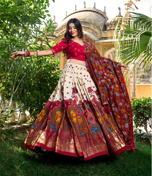 Stunning Tussar Silk Kalamkari Printed Foil Worked Lehenga Choli - INDIAN ELEGANCE