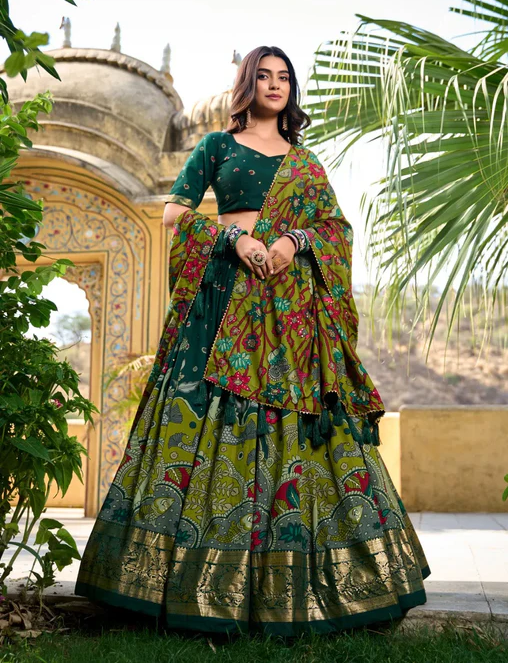 Stunning Tussar Silk Kalamkari Printed Foil Worked Lehenga Choli - INDIAN ELEGANCE