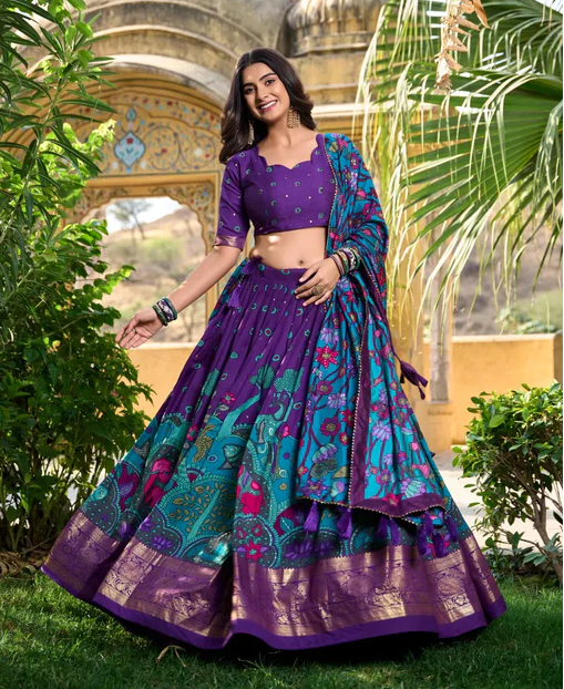 Stunning Tussar Silk Kalamkari Printed Foil Worked Lehenga Choli - INDIAN ELEGANCE