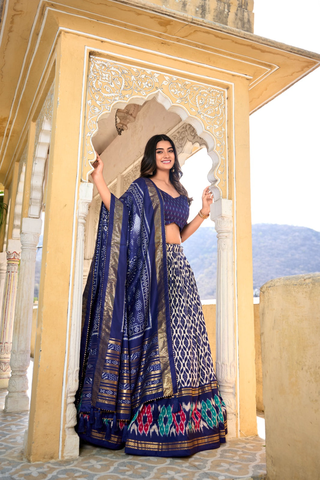 Appealing Navy Blue Tussar Silk Printed Foil Worked Lehenga Choli - INDIAN ELEGANCE