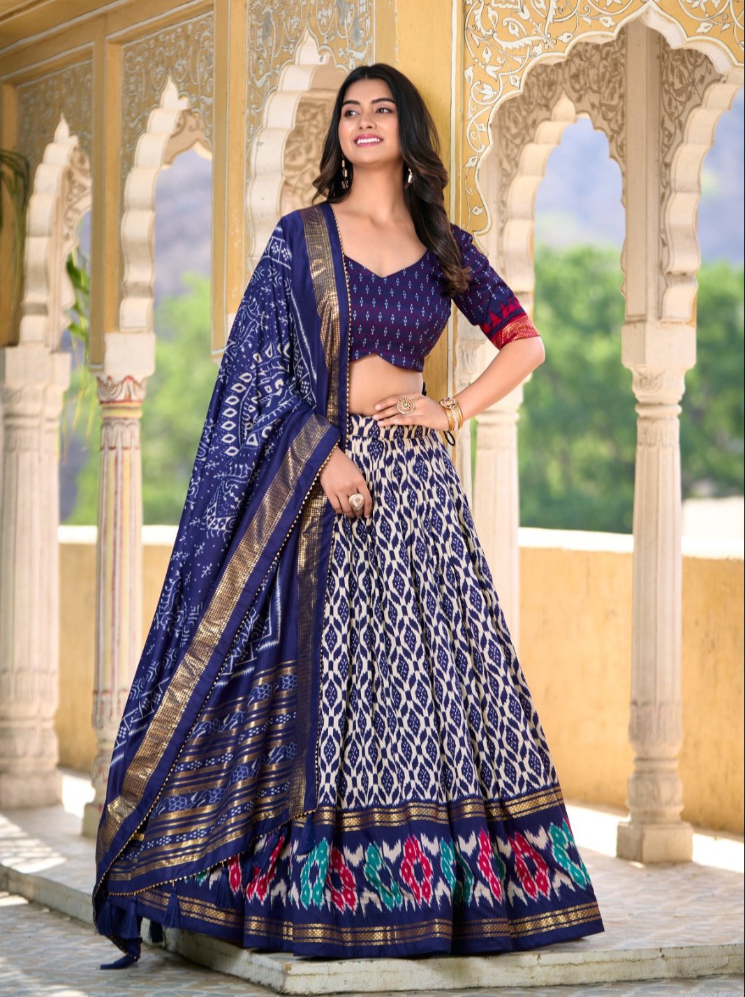 Appealing Navy Blue Tussar Silk Printed Foil Worked Lehenga Choli - INDIAN ELEGANCE