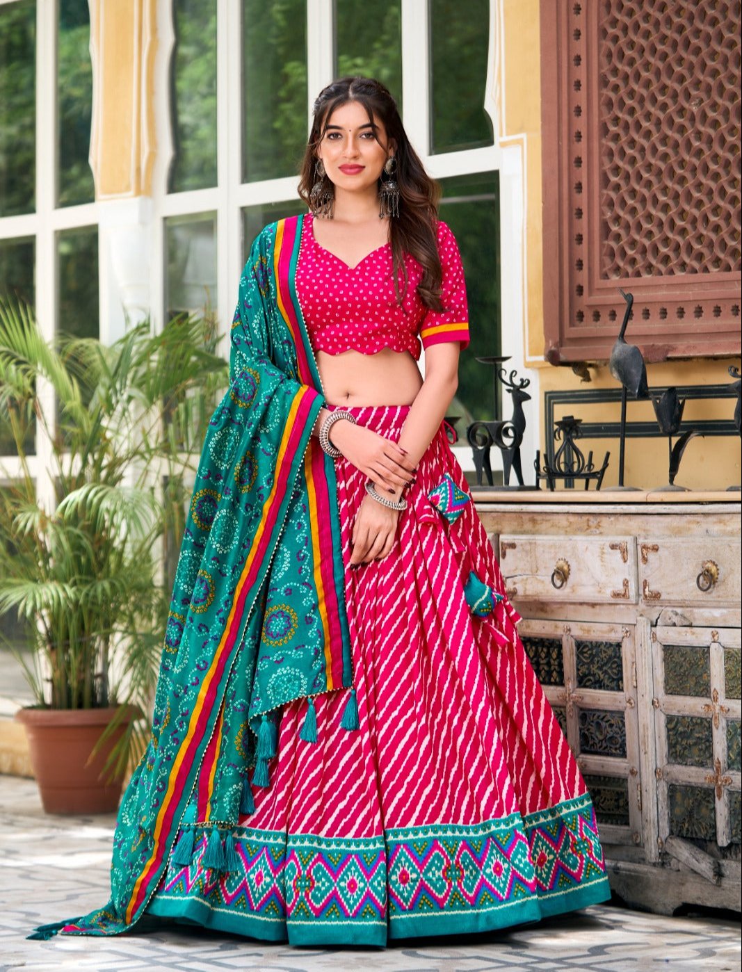 Leheriya With Patola Printed Tussar Silk  Lehenga Choli Set - INDIAN ELEGANCE