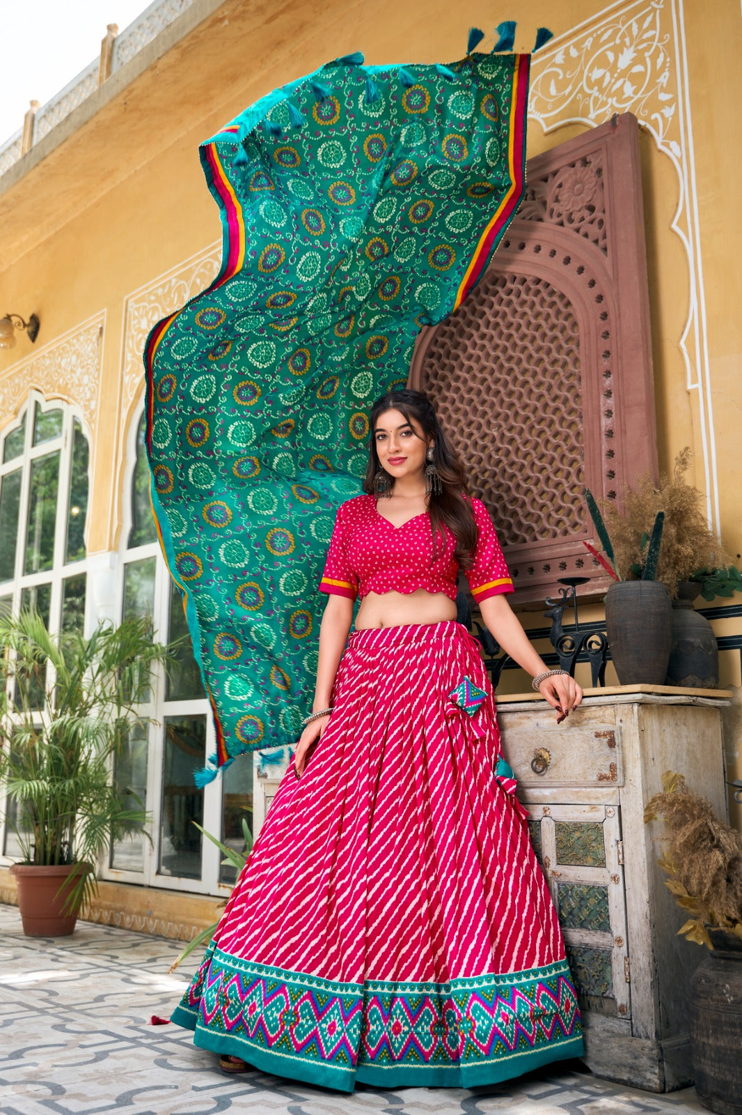 Leheriya With Patola Printed Tussar Silk  Lehenga Choli Set - INDIAN ELEGANCE