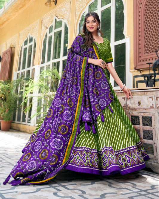 Leheriya With Patola Printed Tussar Silk  Lehenga Choli Set - INDIAN ELEGANCE