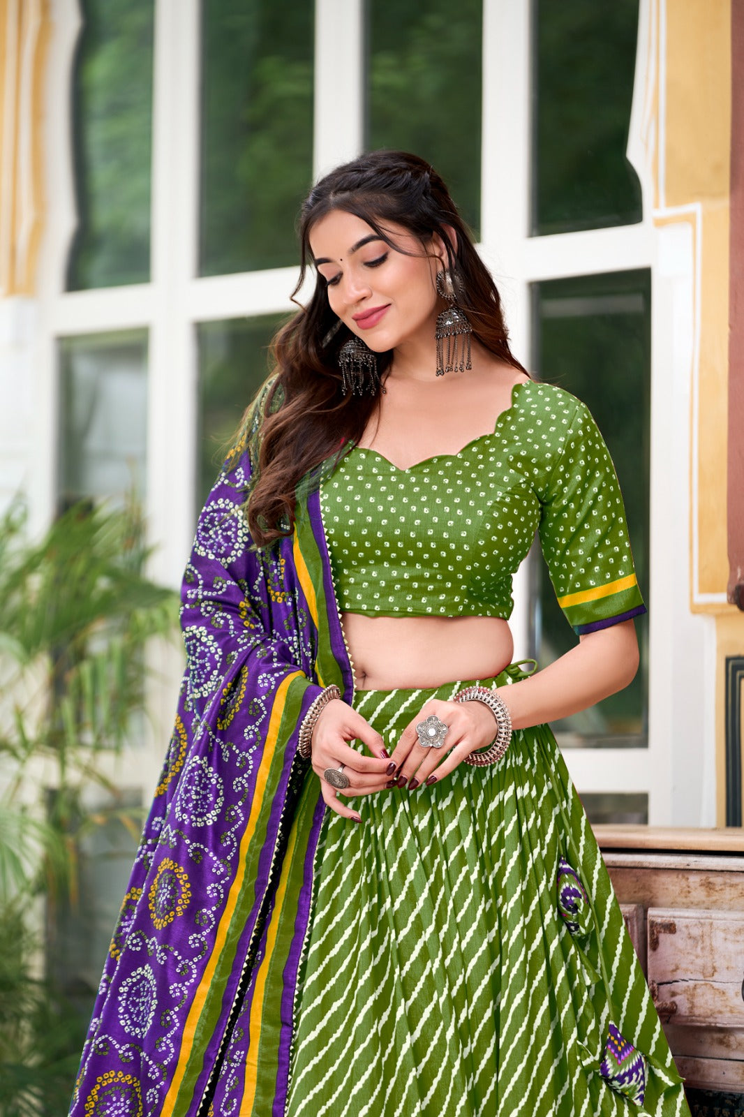 Leheriya With Patola Printed Tussar Silk  Lehenga Choli Set - INDIAN ELEGANCE