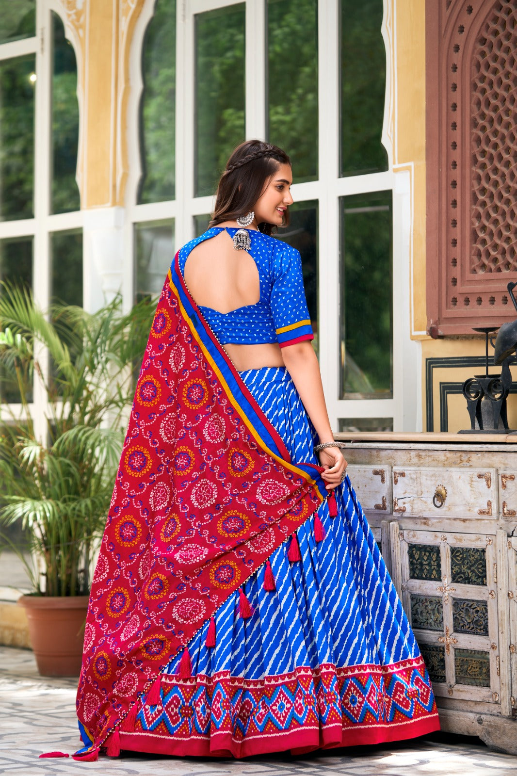 Leheriya With Patola Printed Tussar Silk  Lehenga Choli Set - INDIAN ELEGANCE