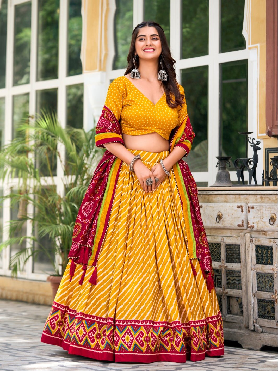 Leheriya With Patola Printed Tussar Silk  Lehenga Choli Set - INDIAN ELEGANCE