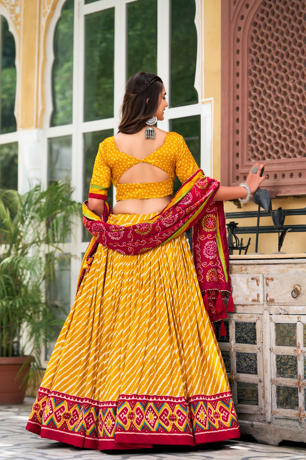 Leheriya With Patola Printed Tussar Silk  Lehenga Choli Set - INDIAN ELEGANCE