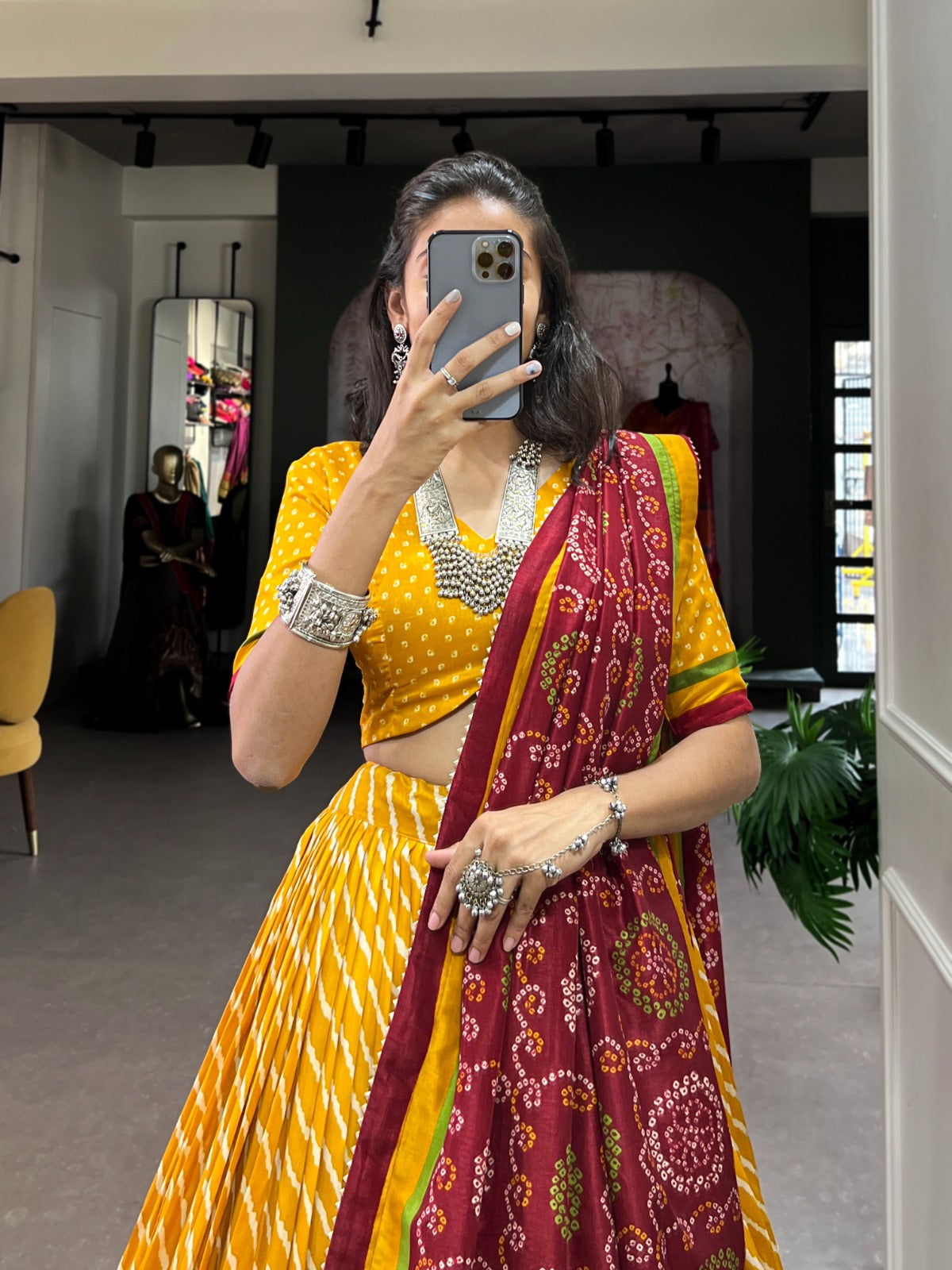 Leheriya With Patola Printed Tussar Silk  Lehenga Choli Set - INDIAN ELEGANCE
