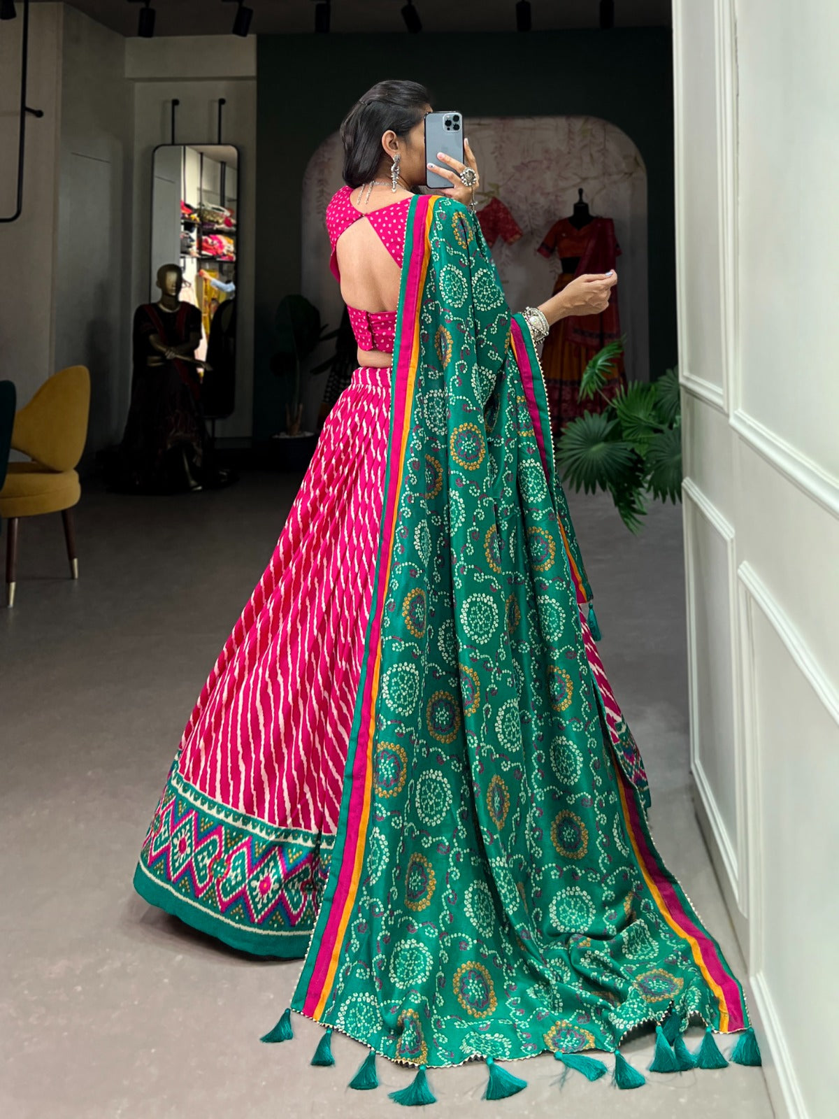 Leheriya With Patola Printed Tussar Silk  Lehenga Choli Set - INDIAN ELEGANCE