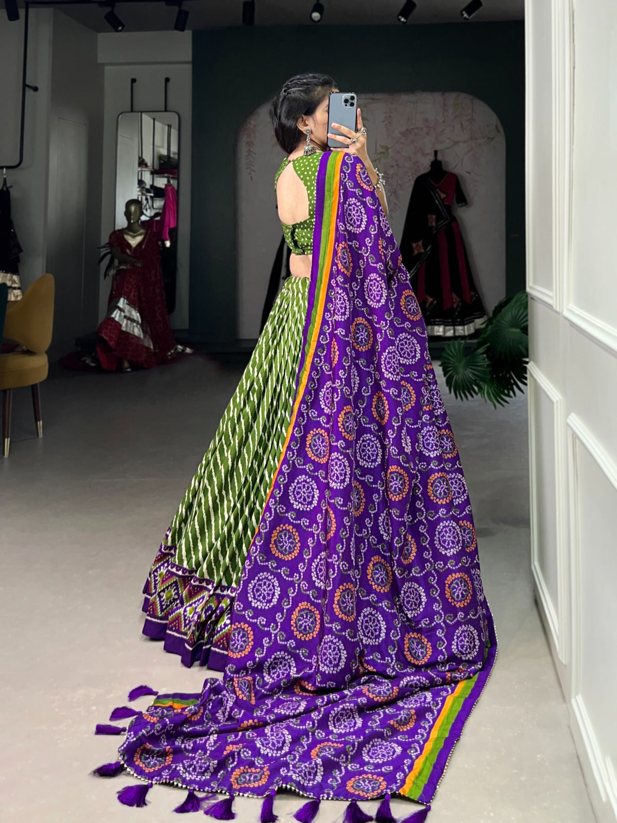 Leheriya With Patola Printed Tussar Silk  Lehenga Choli Set - INDIAN ELEGANCE