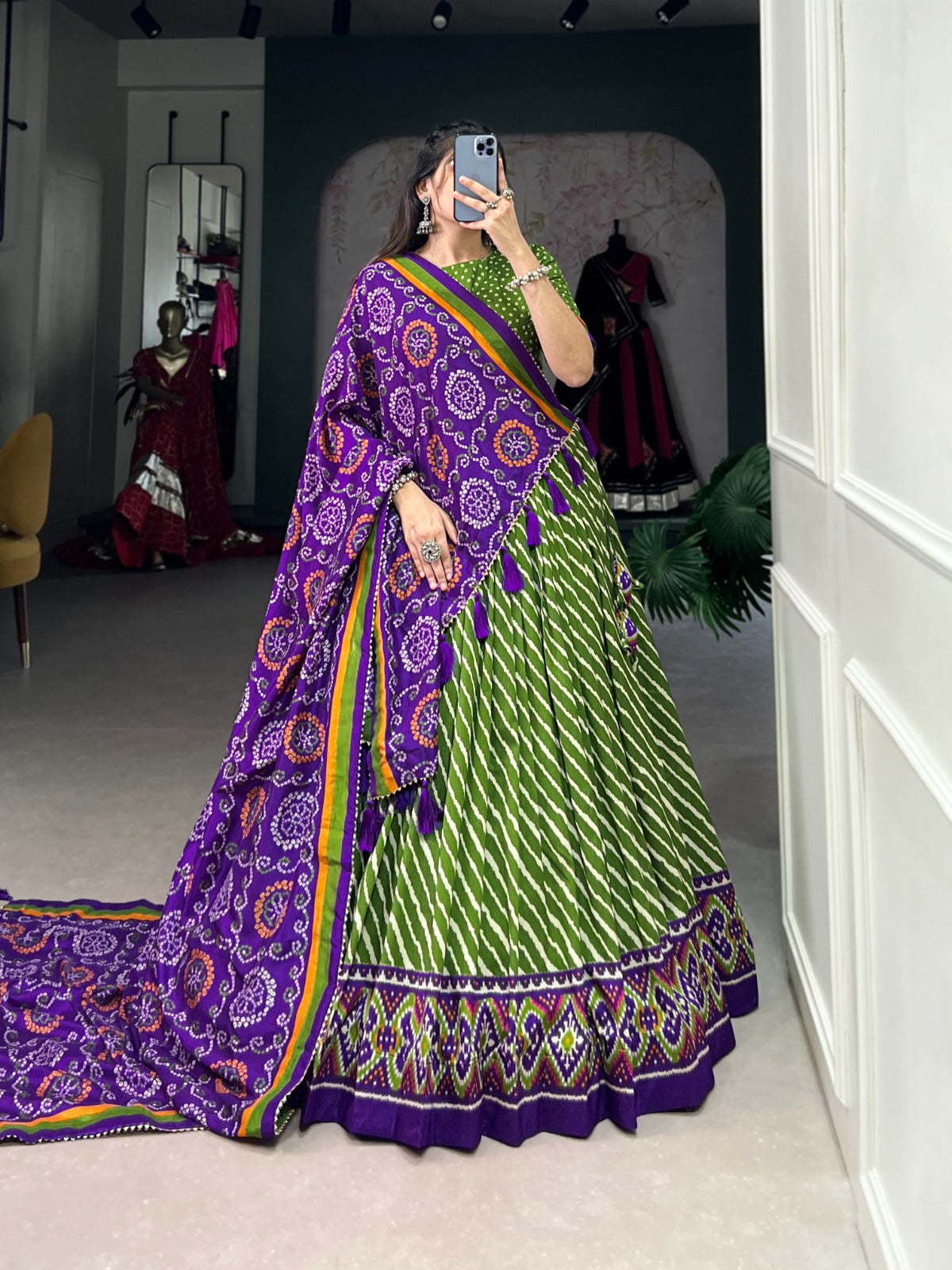Leheriya With Patola Printed Tussar Silk  Lehenga Choli Set - INDIAN ELEGANCE