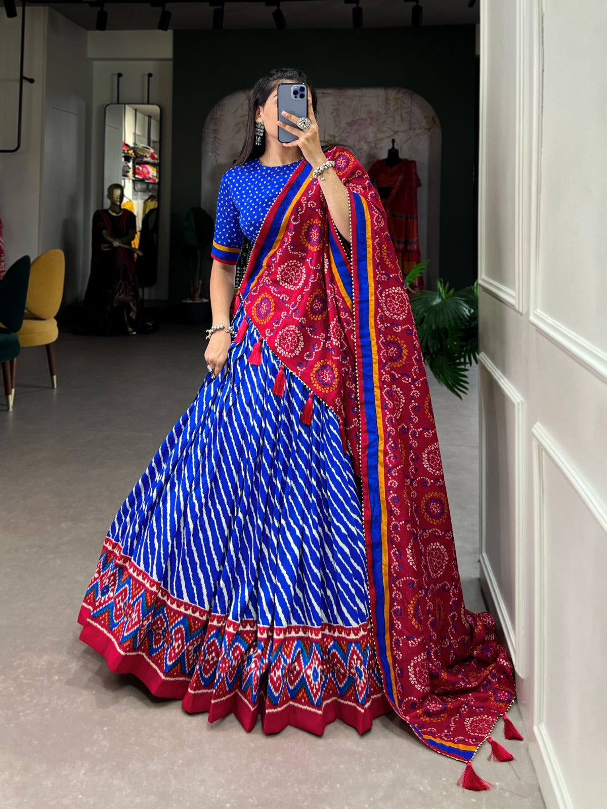 Leheriya With Patola Printed Tussar Silk  Lehenga Choli Set - INDIAN ELEGANCE