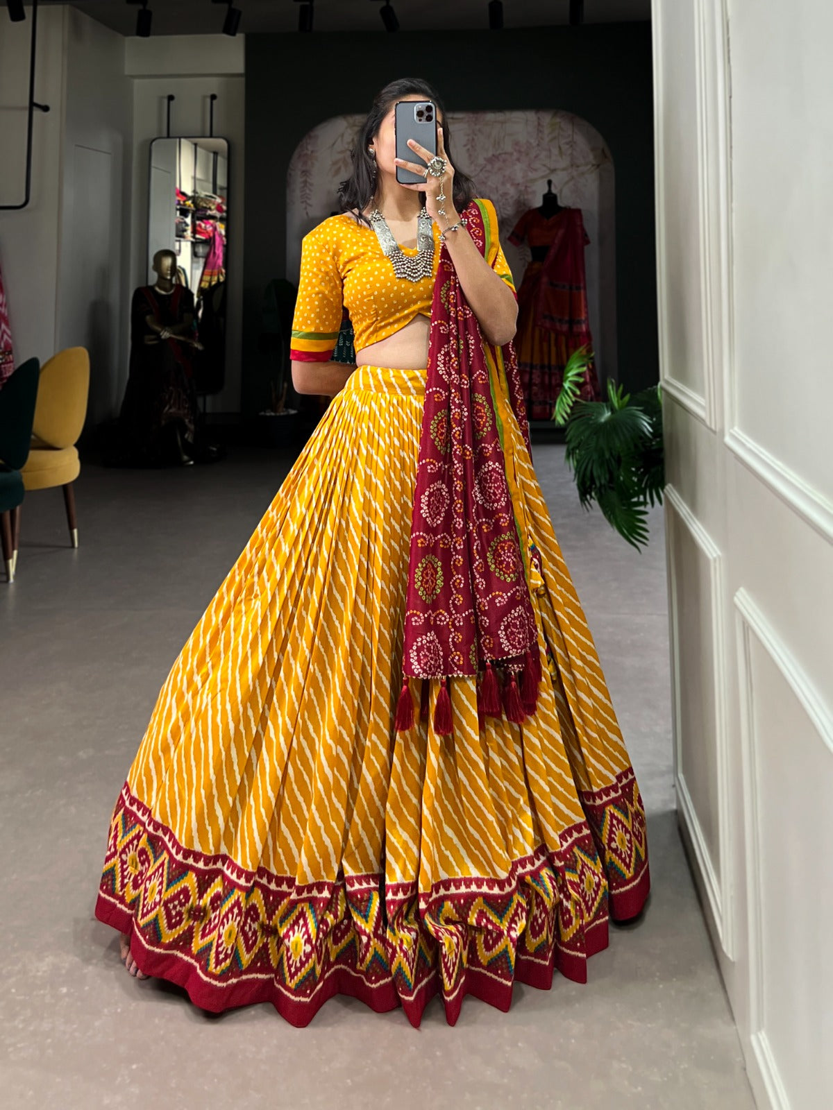 Leheriya With Patola Printed Tussar Silk  Lehenga Choli Set - INDIAN ELEGANCE