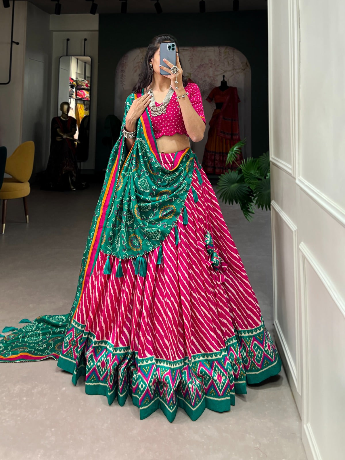 Leheriya With Patola Printed Tussar Silk  Lehenga Choli Set - INDIAN ELEGANCE