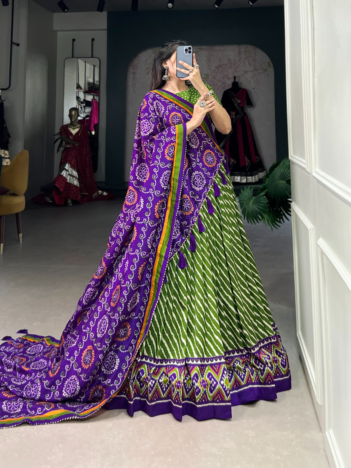 Leheriya With Patola Printed Tussar Silk  Lehenga Choli Set - INDIAN ELEGANCE