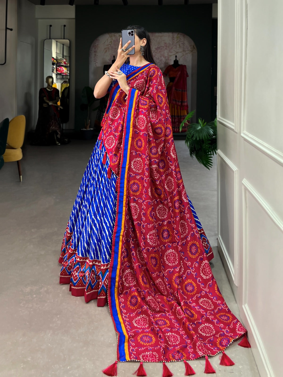 Leheriya With Patola Printed Tussar Silk  Lehenga Choli Set - INDIAN ELEGANCE