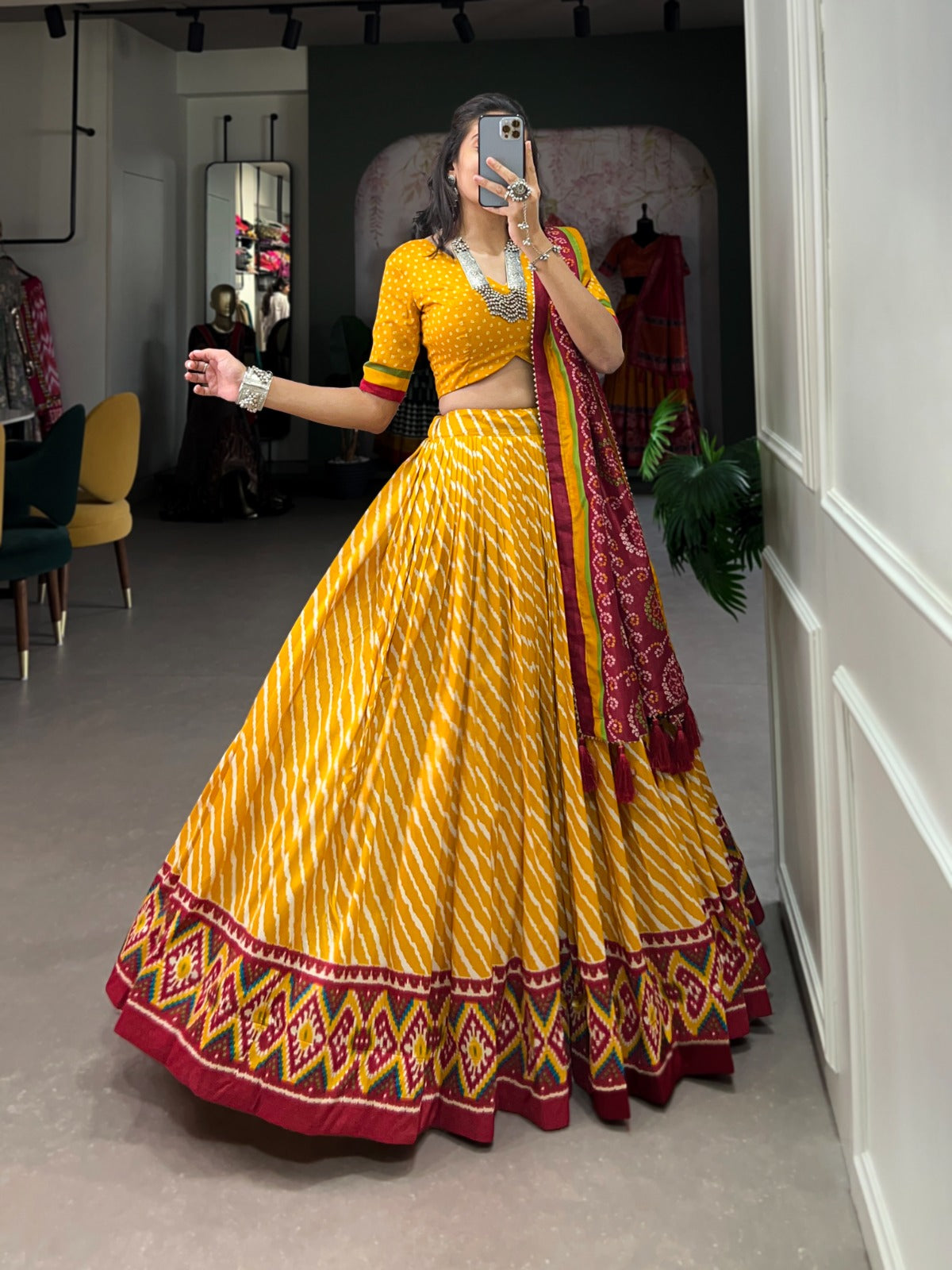 Leheriya With Patola Printed Tussar Silk  Lehenga Choli Set - INDIAN ELEGANCE